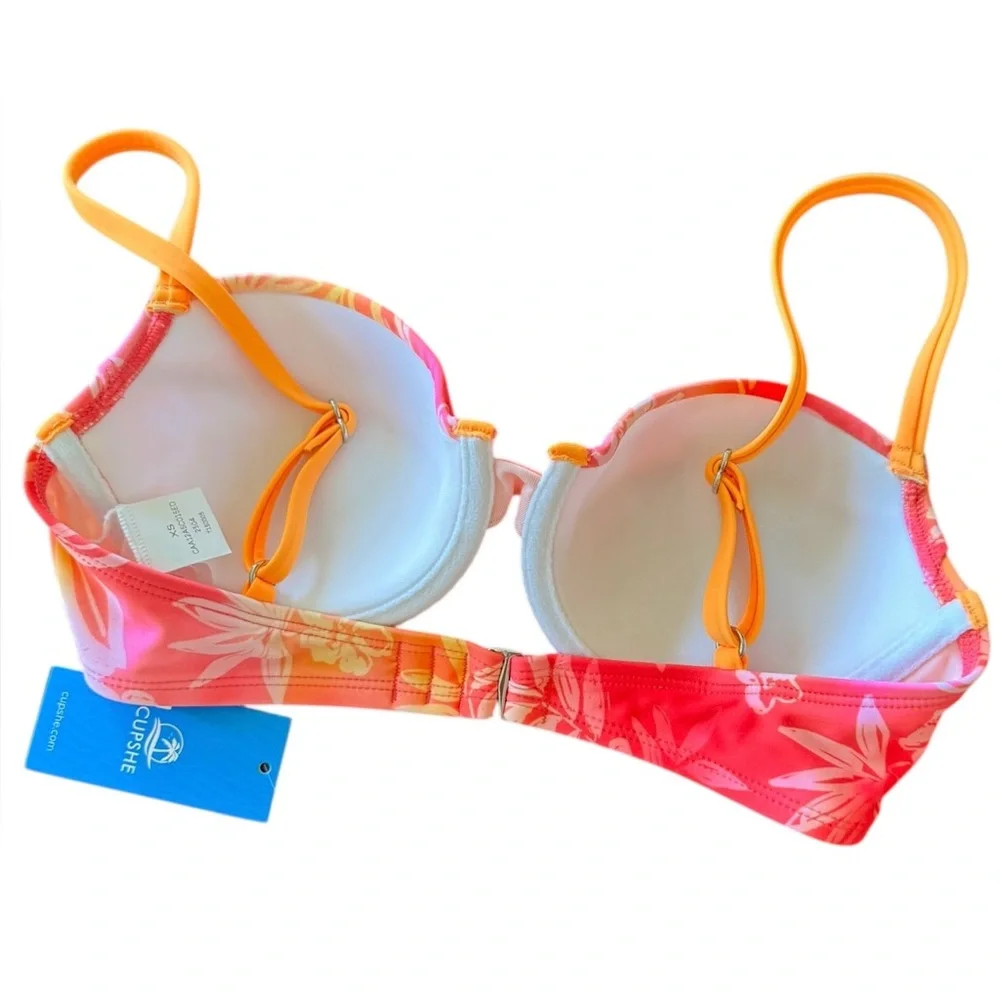 Cupshe Bikini Neon Hibiscus Floral Pink and Orange Set with Underwire Top - Picture 8 of 11